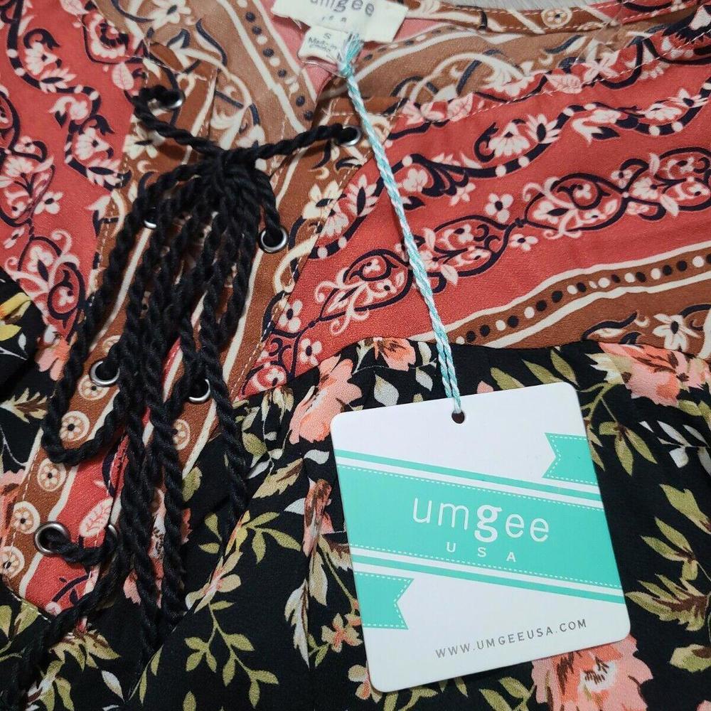Umgee Dress Small Boho Floral Black Lace Up V Neck NWT - Picture 3 of 7